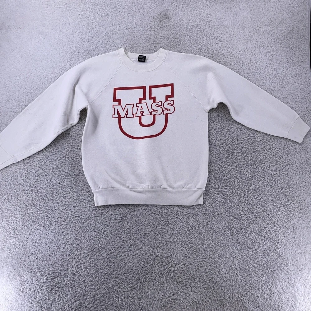Vintage UMass Minutemen Sweatshirt CROP FIT XS White Crewneck College Raglan 90s